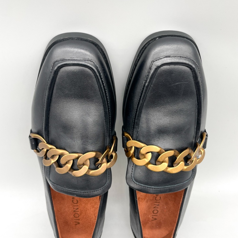 Vionic Black Leather Loafers with Brass Chain Accent - Picture 10 of 12